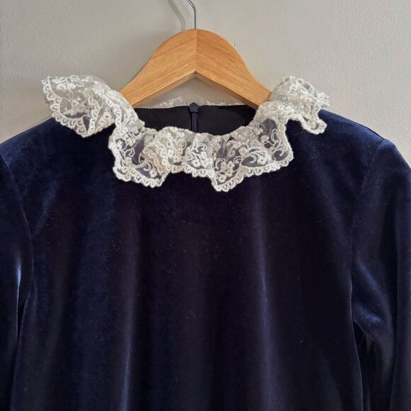 Mademoiselle Charlotte Navy Velvet Dress Ivory Lace Collar Cuffs Girls Sz 10 - Picture 4 of 11
